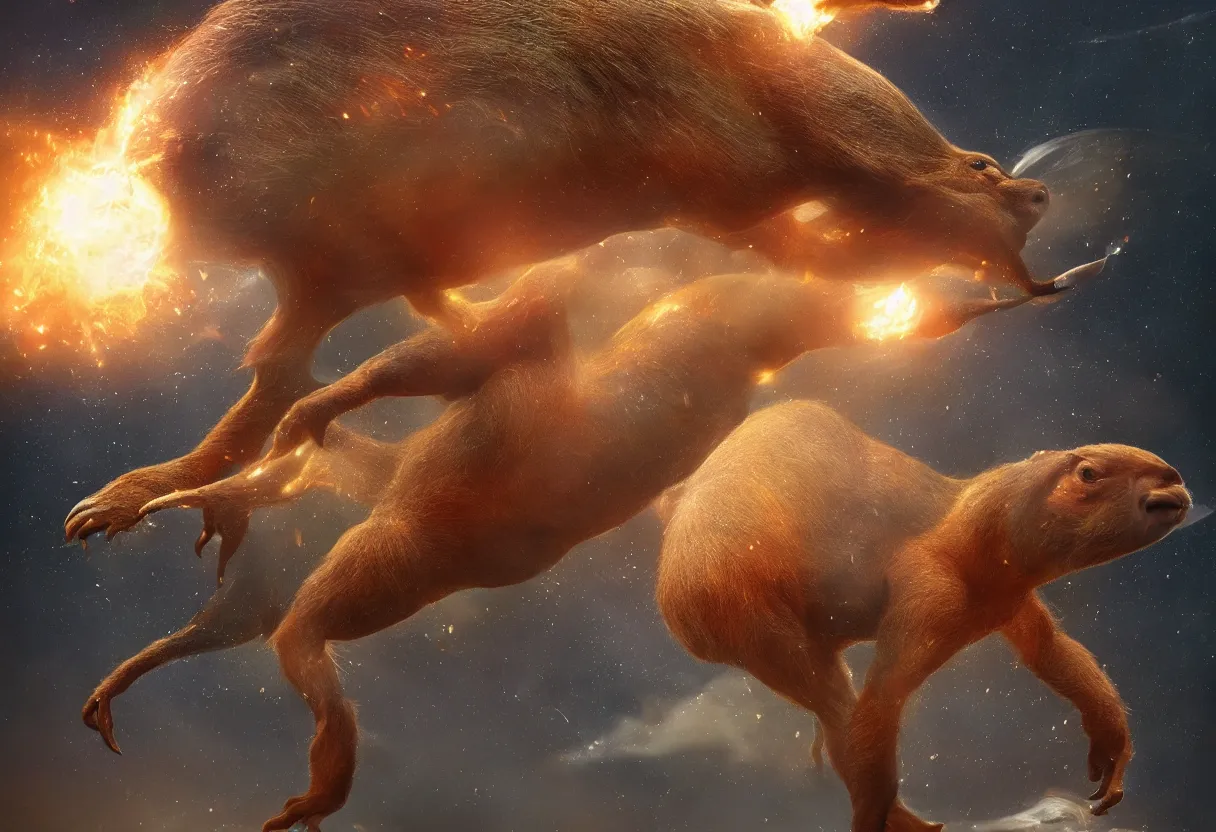 Prompt: a mutant capybara hybrid of velociraptor and elephant floating in space, cinematic, fire, hyperrealistic, trending in artstation, style of wlop