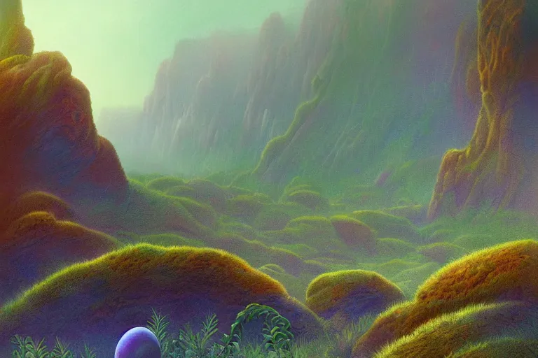 Image similar to digital painting of a foggy lush natural scene on an alien planet by gerald brom. digital render. detailed. beautiful landscape. colourful weird vegetation. cliffs and water.