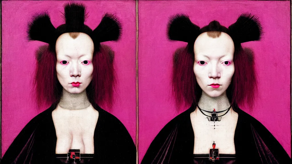 Prompt: symmetrical portrait of a woman face with pink frizzy hair, wearing a embroidered black mask by alexander mcqueen, bjork aesthetic, masterpiece, cyberpunk, in the style of rogier van der weyden and jacopo da pontormo, punk, masterpiece, asian art