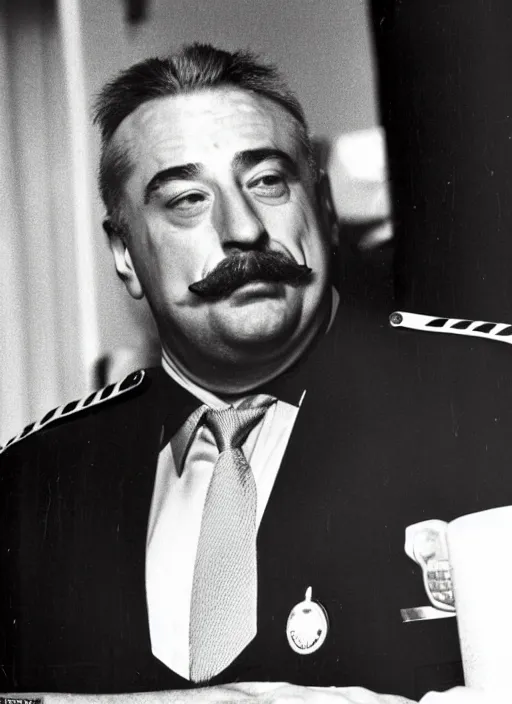 Image similar to a 1987 photo of a fat and bald Robert deniro with a mustache as a policeman, detailed