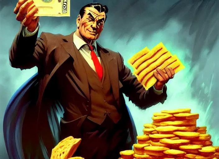 Image similar to magic : the gathering fantasy character concept art of the great businessman by frank frazetta, high resolution. a clear portrait of powerful, business man wearing a business suit, holding a wad of money made out of bread, magical bread and toast money swirling around, fantasy coloring, intricate, digital painting, artstation, smooth, sharp focus