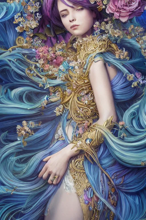 Image similar to breathtaking detailed painting by pilyeon and teffish on artstation, a full shot queen with long flowing bright blue hair, gauze dress and pastel flowers petals and golden tumultuous clouds, symmetrical facial features, at dawn in front of a pristine golden art nouveau cathedral, elegant, highly detailed, artstation, concept art, matte, sharp focus,