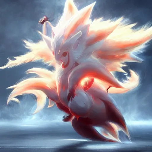 Image similar to pokemon ninetails of fire, artstation greg rutkowski, cinematic, hyperrealist, digital art