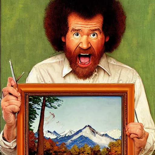 Image similar to bob ross screaming at his painting by norman rockwell