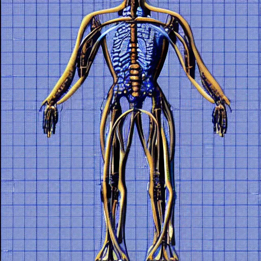 Prompt: technical blueprint of a human made by a non-biological alien species