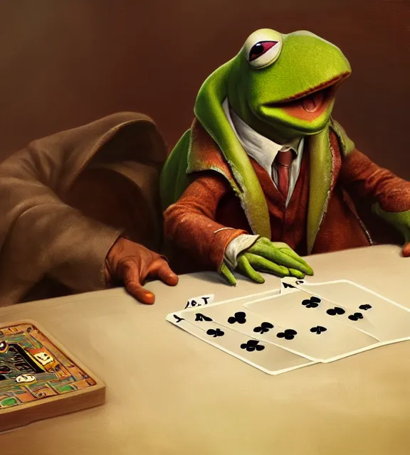 Prompt: kermit playing poker, cinematic, elegant, highly detailed, digital painting, artstation, smooth, hard focus, illustration, art by jessica rossier and and brian froud