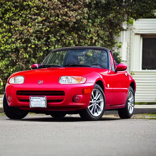 Prompt: 105mm photo of car full view mid distance photograph red Mazda Miata parked on street from 1910