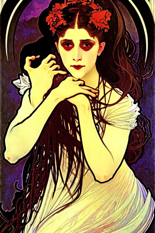 Prompt: vampire princess portrait painted by alphonse mucha