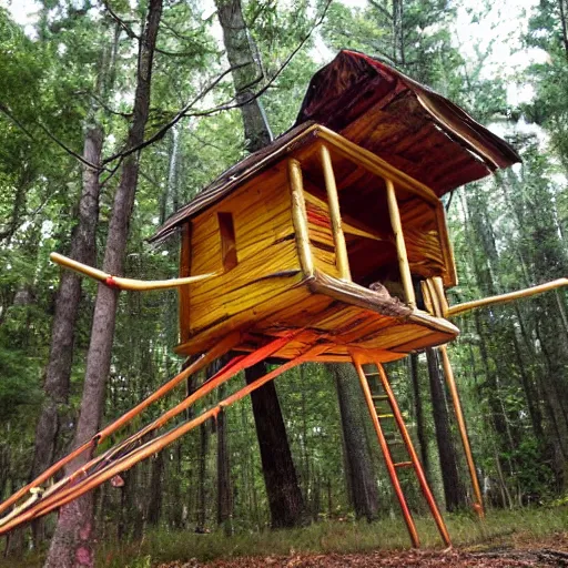 Prompt: Sentient baba yaga huts walking around on stilts. Stilts are shaped like chicken legs.