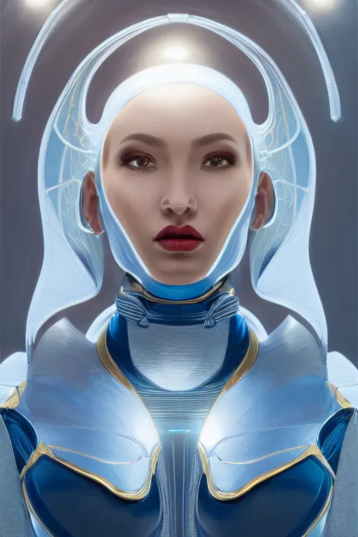 Image similar to detailed portrait glam cyber noun, attractive feminine curves, intricate, scifi, futuristic, elegant cape, elegant, alien room background, white, blue, gold, photorealism, trending on artstation, holy halo, advanced technology, art by moebius and vitaly bulgarov and chanthara