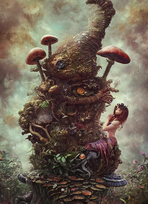 Image similar to Alice in Wonderland giant catepillar smoking a water pipe sitting on a giant mushroom,highly detailed,cinematic,Tarot card,8k,by Stanley Artgermm,Tom Bagshaw,Greg Rutkowski,Carne Griffiths, Ayami Kojima, Beksinski, Giger,trending on DeviantArt,hyper detailed,horror, full of colour