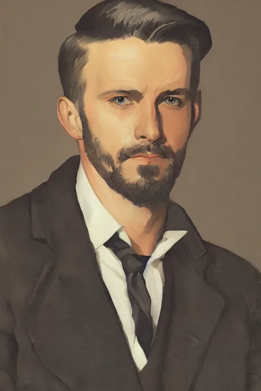 Prompt: a portrait of Adam Jensen, gouache painting by J. C. Leyendecker