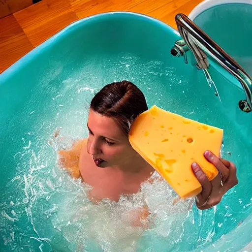 Prompt: person bathing in melted cheese