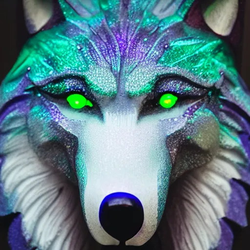 Image similar to portrait photography of a emerald wolf sculpture with glowing purple eyes