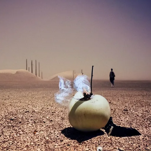 Prompt: a turnip smoking a cigarette whilst walking lonely in the heat of the desert, stunning photography 4 k