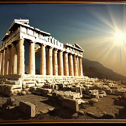 Prompt: an ancient greek beautiful goddes surrounded by white greek temples and epic heavens, parthenon, athens, atmospheric volumetric light, hyper realistic, detailed, high detail, hyper realism