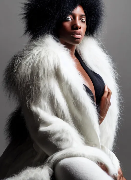 Prompt: an 8 k futuristic official photograph of a beautiful!!! model black woman with long blonde hair and bangs wearing a huge furry white coat posing and sitting on a white furry couch, very aesthetic, really bright