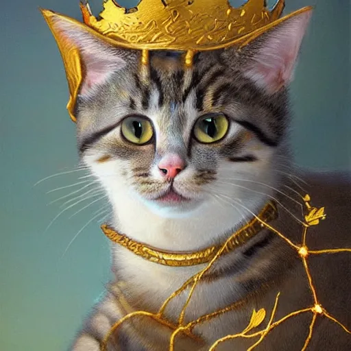 Image similar to long shot of a cute cat nesting in a golden metal crown, by esao andrews, by m. w. kaluta, volumetric light, fresh colors, ultra humorous oil painting, realistic reflections, floral background, smooth, concept art, depth perception, high depth of field, 4 k, unreal engine 5, ultradetailed, hyperrealistic, trending on artstation