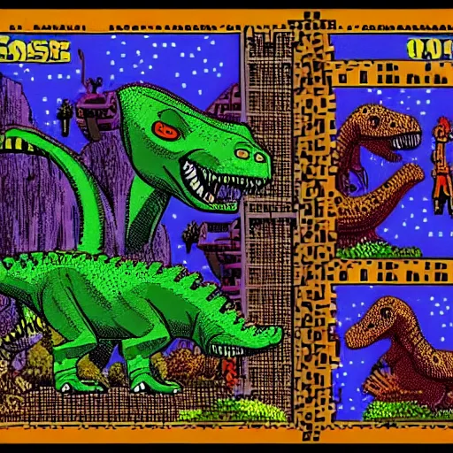 Image similar to top down fantasy roll - playing game from 1 9 8 5, dinosaurs in space village adventure, in the style of 8 - bit computer game ultima 4, played on the apple 2 e computer - w 1 0 2 4