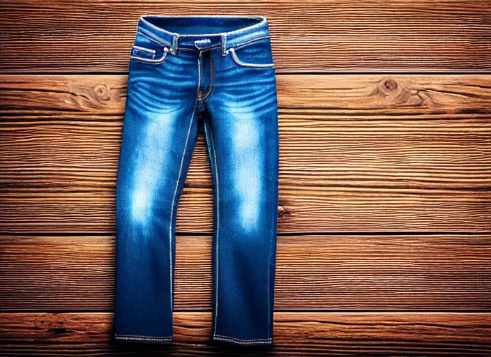 Image similar to clear highly detailed photorealistic topdown mockup product photograph of a realisticfolded pair of jeans on a wooden background