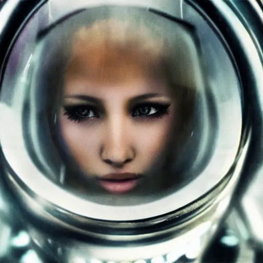 Image similar to beautiful extreme closeup portrait photo in style of 1990s frontiers in retrofuturism deep diving helmet seinen manga fashion blade runner edition, highly detailed, focus on pursed lips, eye contact, soft lighting