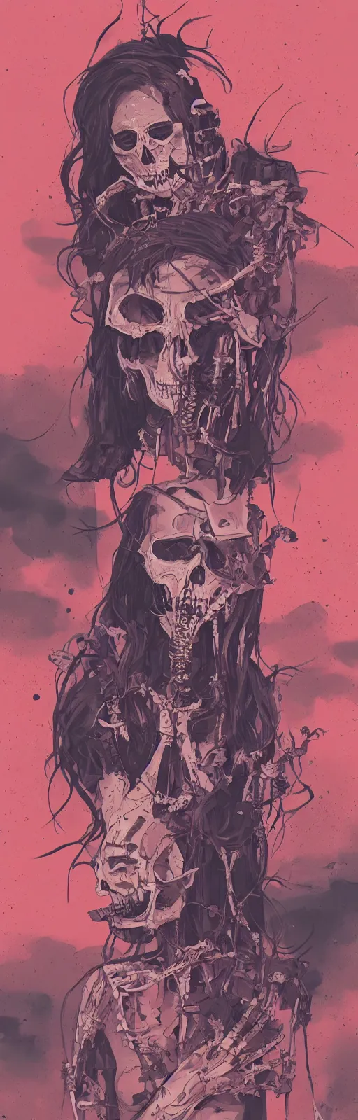 Image similar to a colorfully detailed comic noir style illustration of a beautiful woman wearing a skeleton suit in a post-apocalyptic desert by queens of the stone age and sachin teng, dark vibes, street art, cinematic, high contrast, depth of field