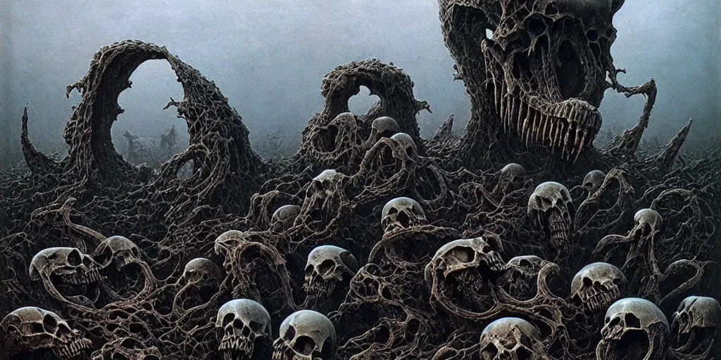 Image similar to wasteland of morphed mammal skulls, Zdzislaw Beksinski, Wayne Barlowe, Joe Fenton, gothic, cosmic horror, dystopian, biomorphic, lovecraftian, amazing details, cold hue's