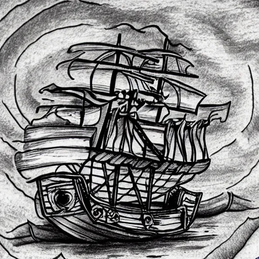 Image similar to pirate ship on a deserted island, realism tattoo drawing