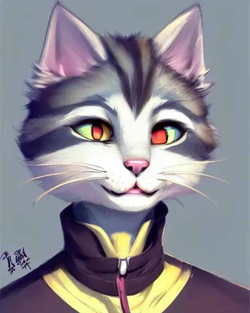 Image similar to character concept art of a young male anthropomorphic furry cat | | cute - fine - face, pretty face, key visual, realistic shaded perfect face, fine details by stanley artgerm lau, wlop, rossdraws, james jean, andrei riabovitchev, marc simonetti, and sakimichan, trending on artstation