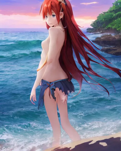 Prompt: an attractive young female elf with long flowing auburn hair, standing on the beach on the ground front facing, looking at camera, blue water, anime. By Makoto Shinkai, Stanley Artgerm Lau, WLOP, Rossdraws, James Jean, Andrei Riabovitchev, Marc Simonetti, krenz cushart, Sakimichan, trending on ArtStation, digital art.