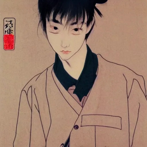 Prompt: painting of grumpy handsome beautiful man in his 2 0 s named min - jun in a french maid outfit, modern clothing, elegant, clear, painting, stylized, delicate facial features, soft, art, art by takato yamamoto and egon schiele combined