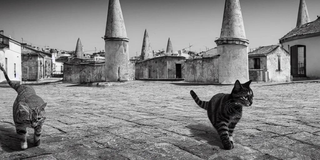 Image similar to photography of a cat running away with mortadella in his mouth with trullo houses in the background, photoreal, 3 5 mm, award winning photography