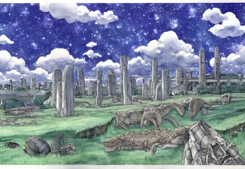 Prompt: a hyperrealist watercolor concept art from a studio ghibli film showing a giant grey mechanized crocodile from howl's moving castle ( 2 0 0 4 ). stonehenge is under construction in the background, in the rainforest on a misty and starry night. a ufo is in the sky. by studio ghibli