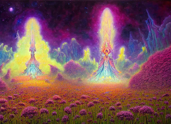 Image similar to a beautiful painting of a large alien shrine shrouded by mystic nebula magic in a field of flowers by moebius and android jones, oil on canvas sharp, details, hyper - detailed, hd, hdr, 4 k, 8 k