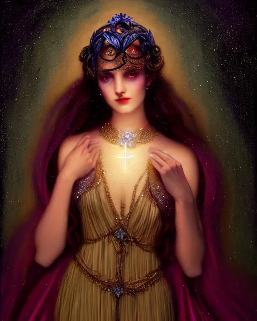 Image similar to Nocturne, glowing, stars, a portrait of a beautiful female shadow djinn with jeweled collar, long hair, glowing eyes, highly detailed, mysterious, ethereal, dressed in velvet and gold jewelry, haute couture, illustration, dramatic lighting, painting, by Edmund Blair Leighton, Brom, Charlie Bowater, trending on artstation, faces by Tom Bagshaw, otto schmidt