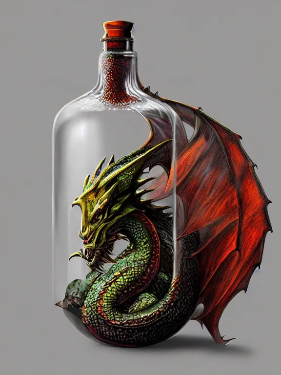 Prompt: fantasy dragon in a bottle, high detail, realism, 8 k, concept art