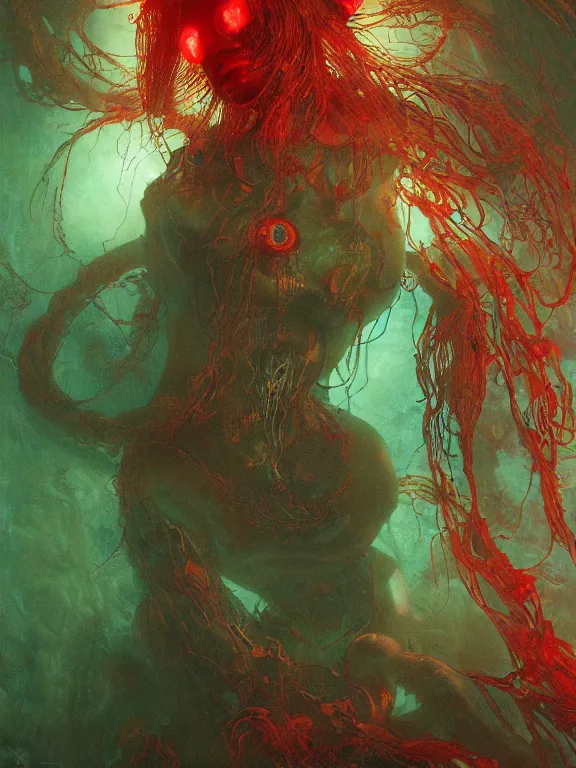 Prompt: ( underwater ) middle length portrait of a living goo on a ( glowing cyborg leshy girl ), cinematic light, looking to the side off camera, backlight glow, green bright red, mist, by mikhail vrubel, by philippe druillet, by peter elson, by gerald brom, muted colors, extreme detail, trending on artstation, 8 k