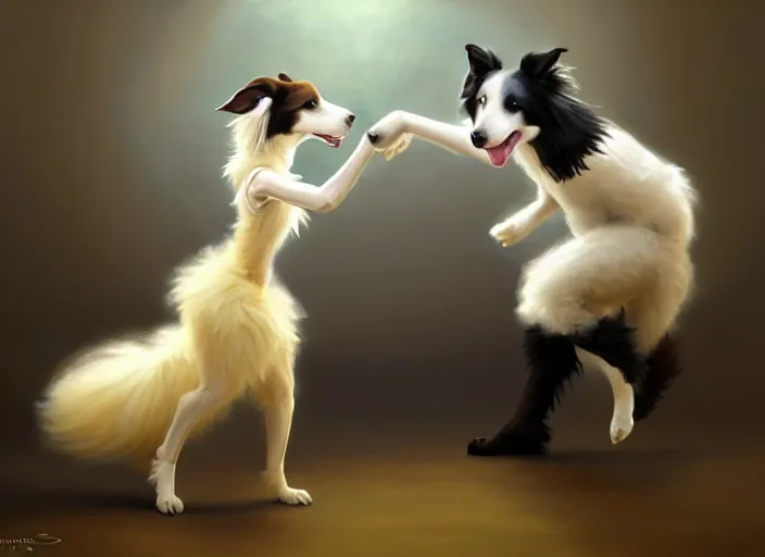 Image similar to wide shot painting of a male anthropomorphic border collie fursona dancing with a cute female anthropomorphic sheep fursona in a ballroom, beautiful, intricate, elegant, realistic proportions, highly detailed, scenic background, trending on artstation, art by charlie bowater and henry asencio and and ross tran