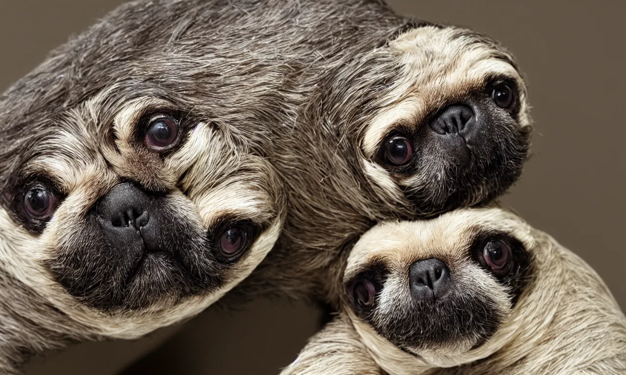 Image similar to sloth cross pug hybrid, chymera, in laboratory panoramic, wide depth of field, 8 k