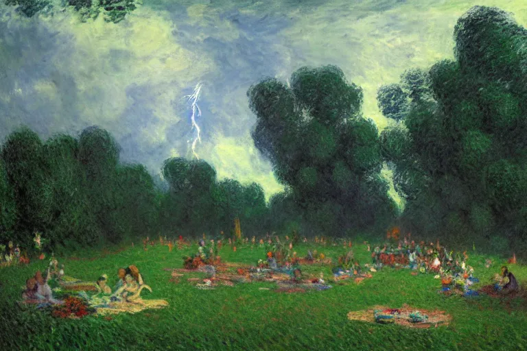 Image similar to a detailed illustration of a god ruining a picnic in the park, nightmare in the park, calamity, dark storms with lightning, ultrawide lens, aerial photography, natural disaster, 8 k, art by claude monet and andreas rocha and albert bierstadt