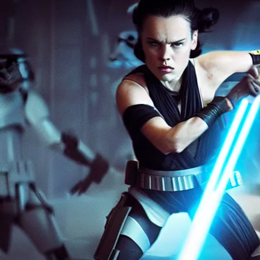 Image similar to evil corrupted rey from star wars using the force to crush stormtroopers, sith lord, dark side, cinematic movie image, both hands raised to use the force, hd photo, full body shot, face focus, played by daisy ridley