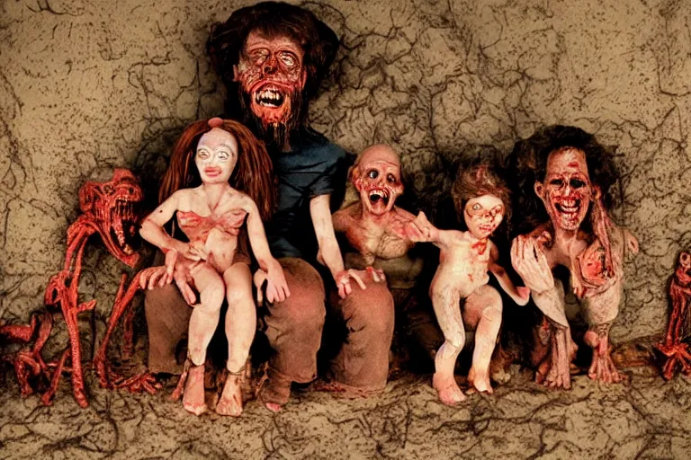 Image similar to studio portrait of a happy creepy mud family in vacation by bob bottin, horror grotesque, realistic detailed photography 1 9 8 0's