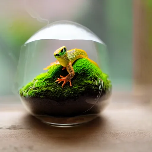 Prompt: gecko sitting inside a terrarium and moss around