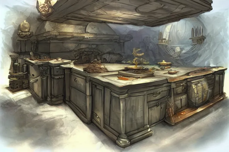 Image similar to underwater kitchen island, dungeons and dragons concept art