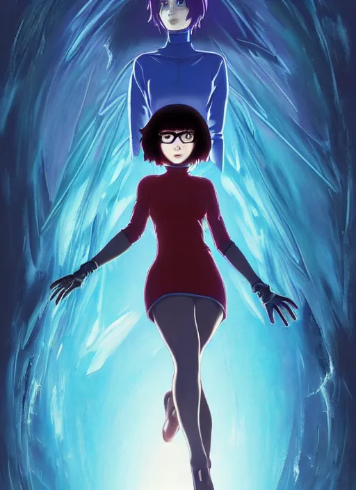 Prompt: Painting of grown-up Velma Dinkley in the style of Ghost in The Shell, beautiful anime art style, winged eyelashes, countryside, calm, fantasy character portrait, dark outlines, dynamic pose, above view, sunny day, artwork by Makoto Shinkai, very coherent asymmetrical artwork, sharp edges, perfect face, simple form, 100mm