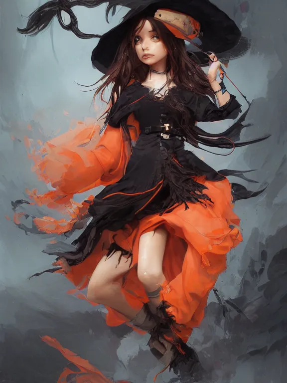Image similar to Full shot of a cute mischievous young witch about to get up to some trouble. Latin American fashion. Black and Orange palette. Latina girl. brown skin. By Ruan Jia and Artgerm and Range Murata and WLOP. Key Art. Fantasy Illustration. award winning, Artstation, intricate details, realistic, Hyperdetailed, 8k resolution.