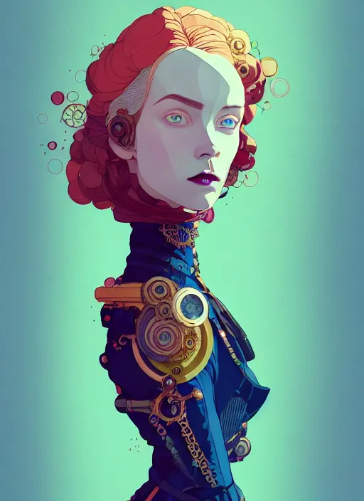 Prompt: portrait of beautiful nordic woman wearing steampunk clothes, blue eyes, artstation winner by victo ngai, kilian eng and by jake parker, by conrad roset, swirly vibrant color lines, winning award masterpiece, fantastically gaudy, aesthetic octane render, 8 k hd resolution