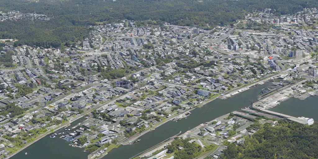 Image similar to bird's eye view photo of a low - rise city, with small woods and hills in the north with trailer park. in the south are buildings, a highway, inlet shipping dock area, and monorail station.