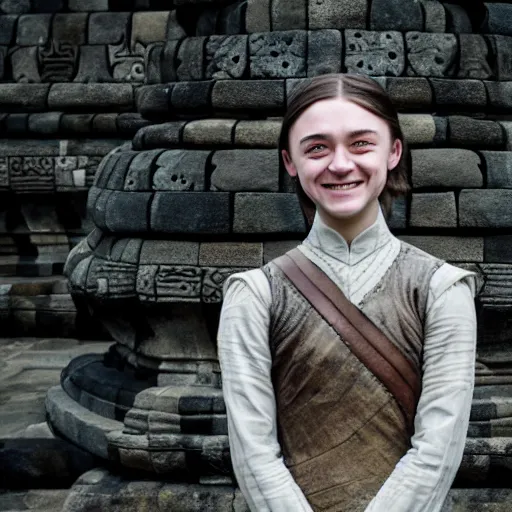 Image similar to elegant smiling happy arya stark, 1 4 years old, photograph 3 5 mm, shot from game of thrones, at borobudur, artstation