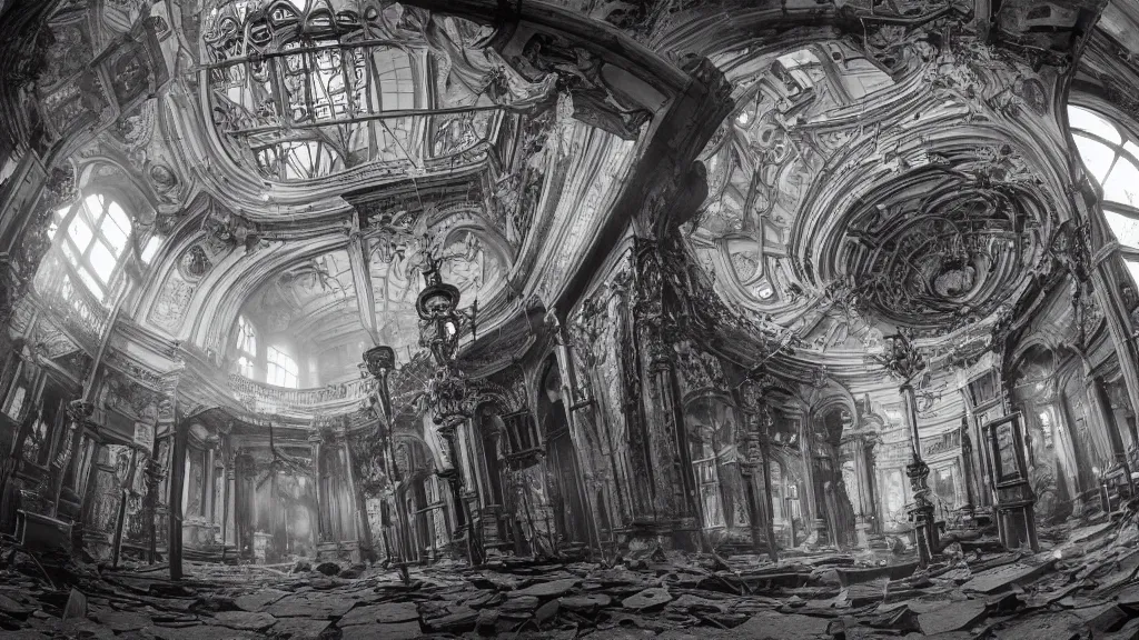 Image similar to victorian era architecture based city, abandoned, crawling with beasts, bloodborne, yarhnam, curved perspective, fisheye effect